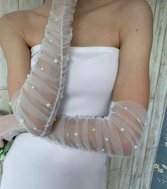 Parmaksız İnci İşlemeli Uzun Eldiven