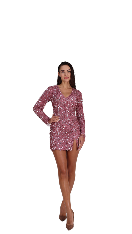 Luminous Pink - Pembe Pullu Payetli Elbise