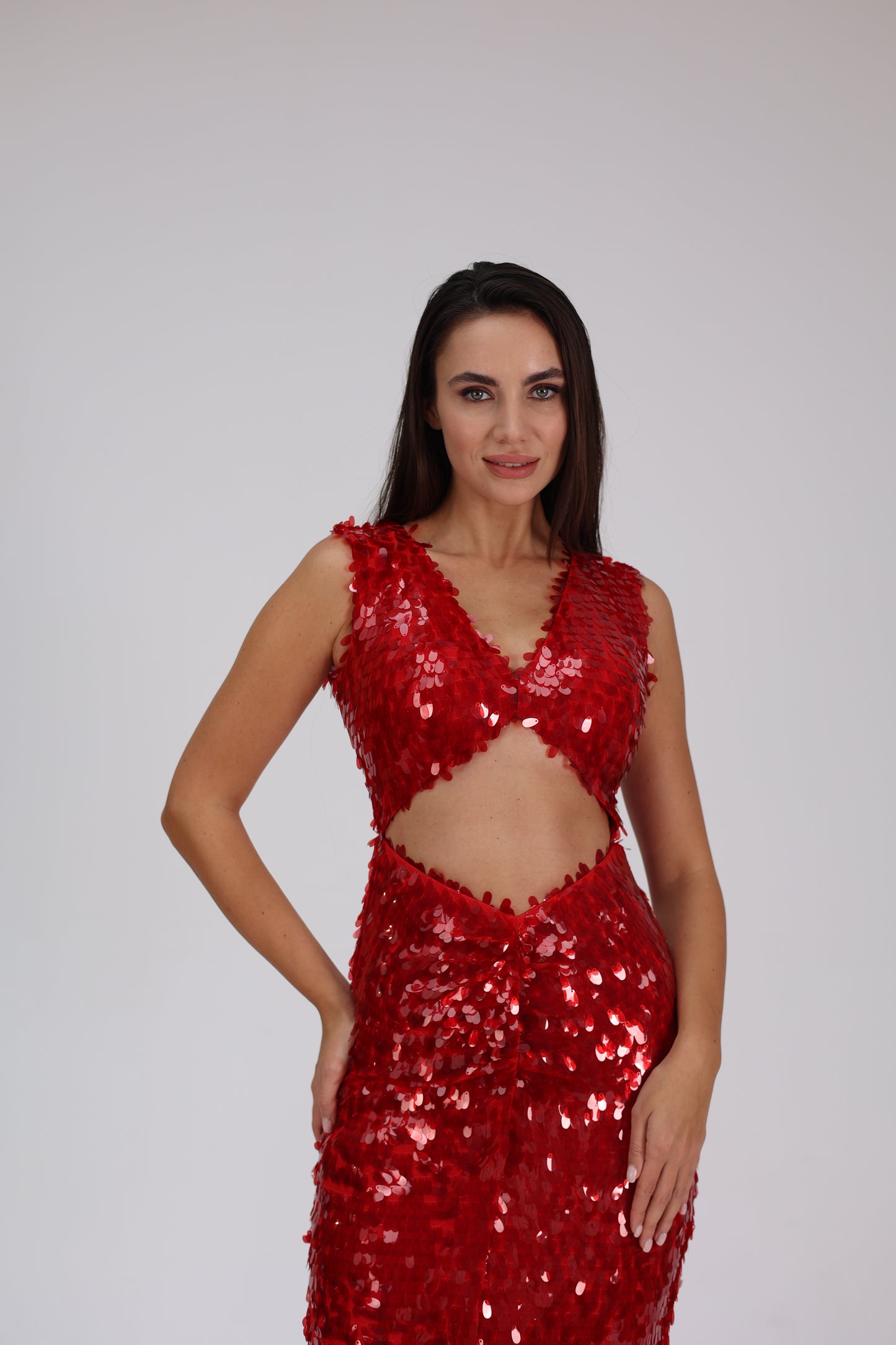 Scarlat Glam - Kırmızı Payetli Gece Elbisesi