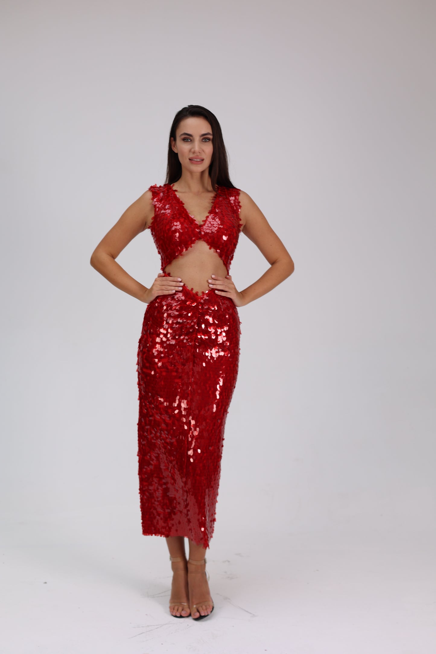 Scarlat Glam - Kırmızı Payetli Gece Elbisesi