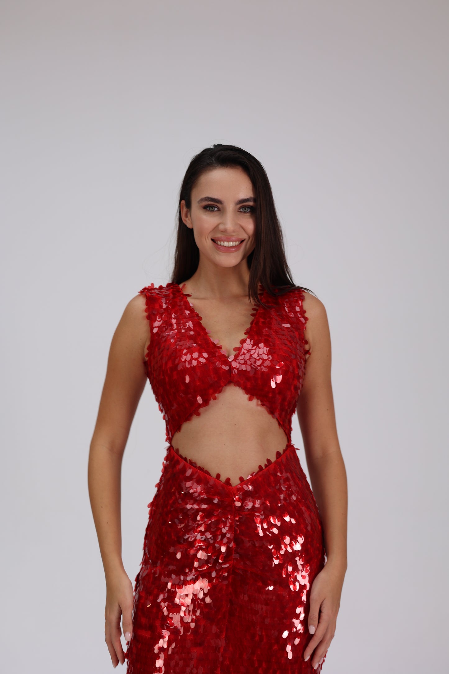 Scarlat Glam - Kırmızı Payetli Gece Elbisesi