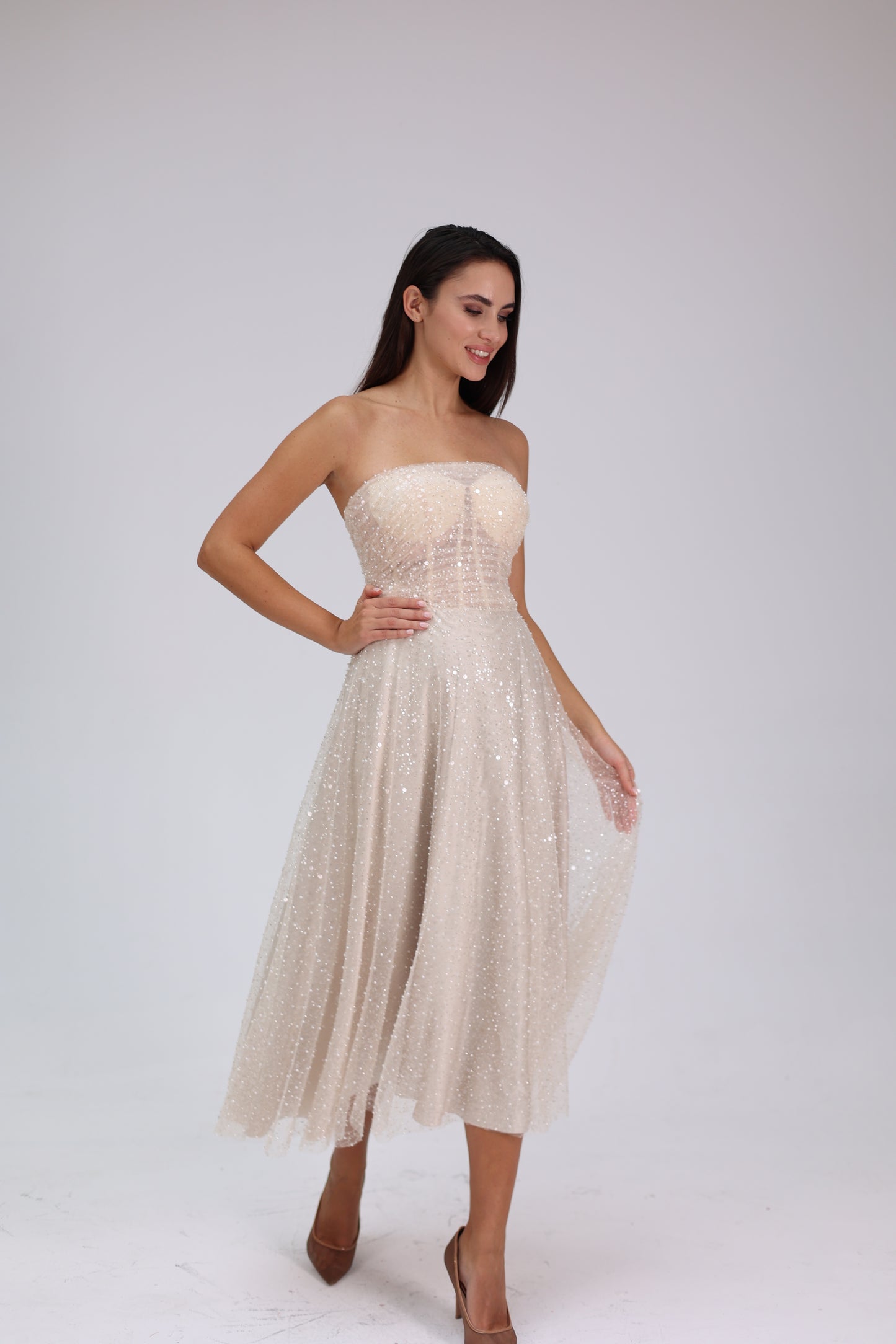Nude Glitter - Nude Rengi Midi Boy Taşlı Elbise