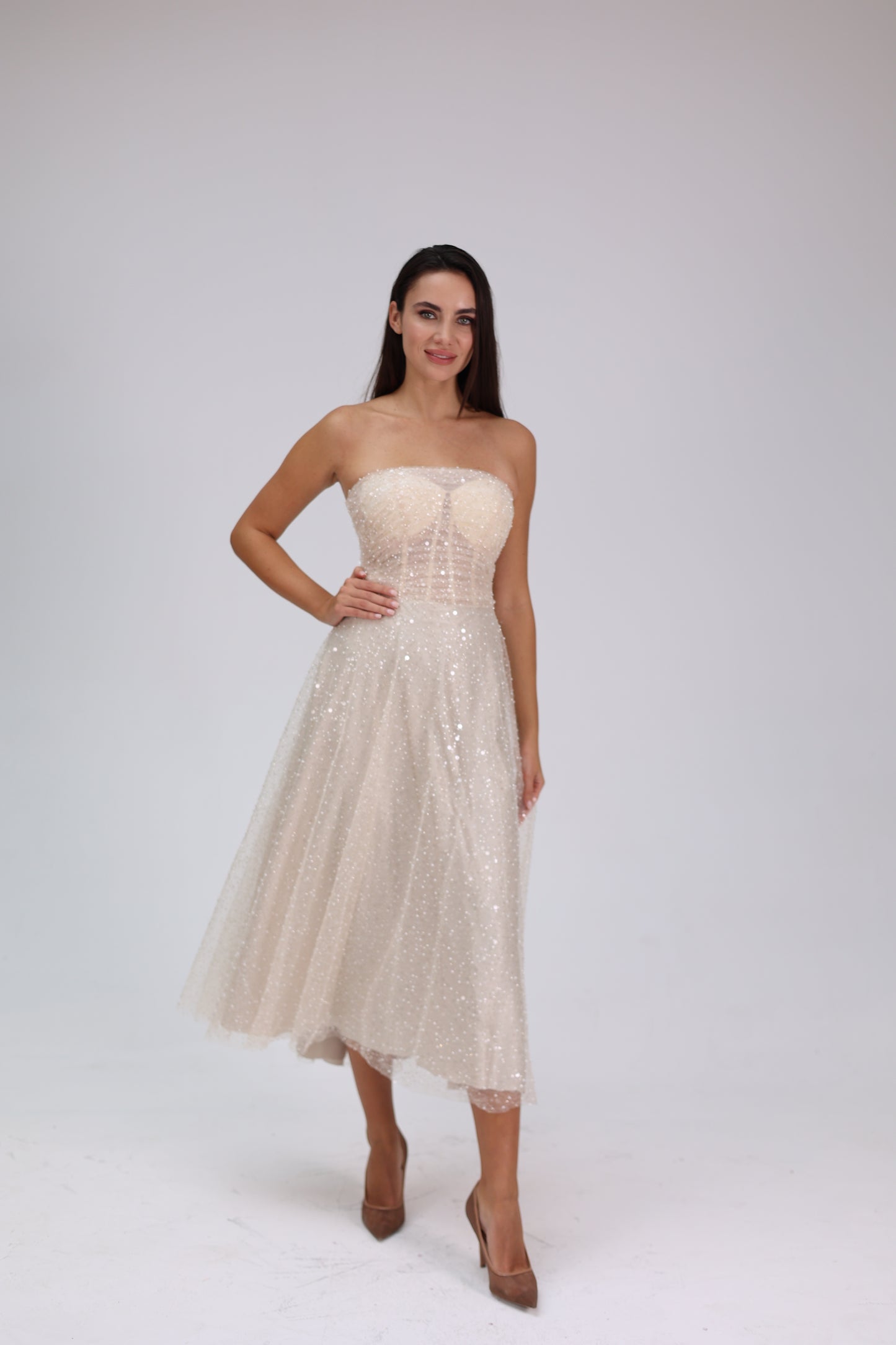 Nude Glitter - Nude Rengi Midi Boy Taşlı Elbise