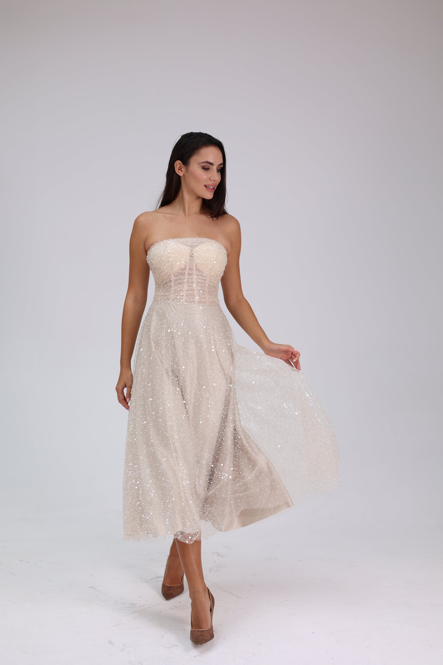 Nude Glitter - Nude Rengi Midi Boy Taşlı Elbise