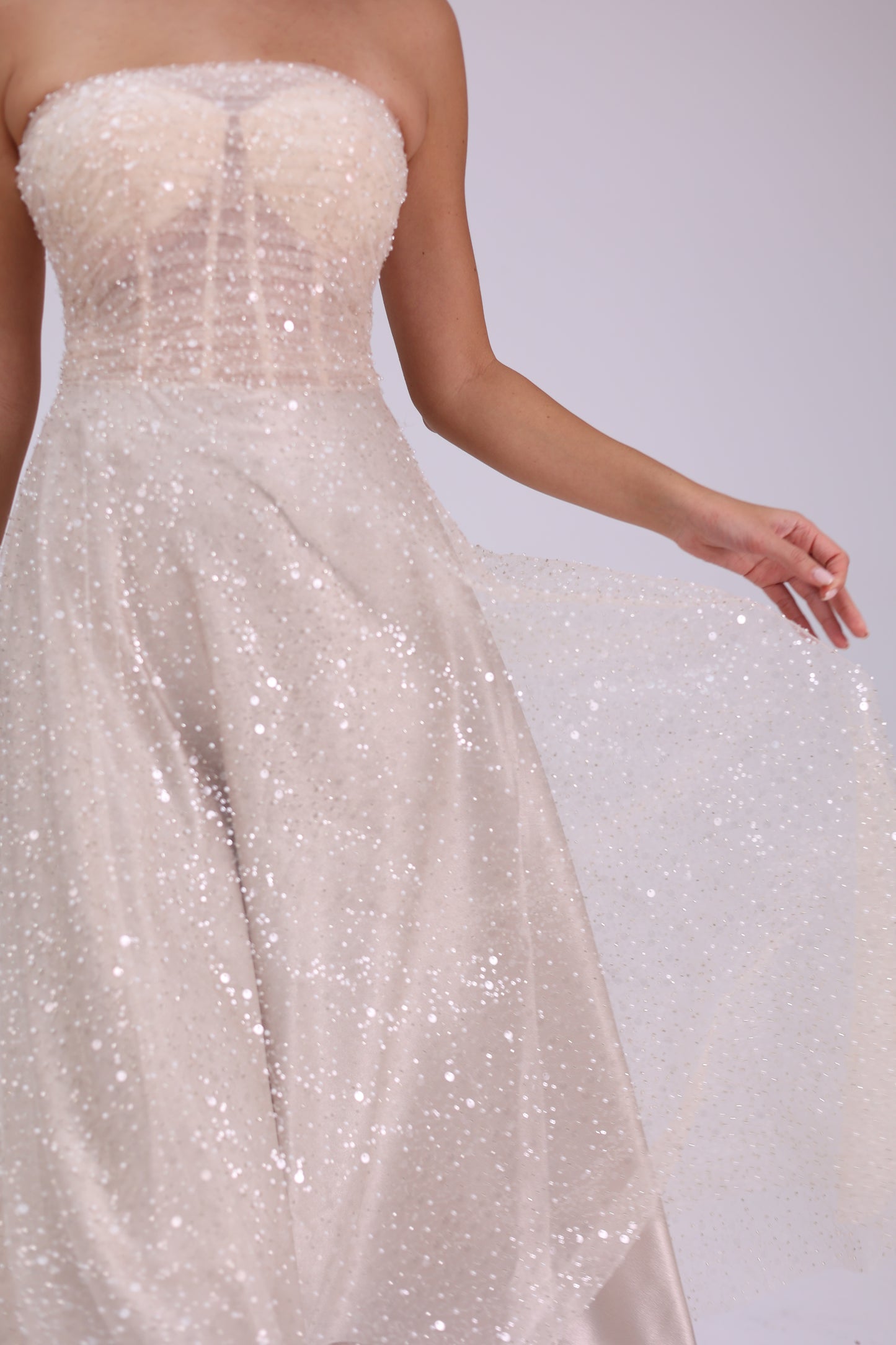 Nude Glitter - Nude Rengi Midi Boy Taşlı Elbise