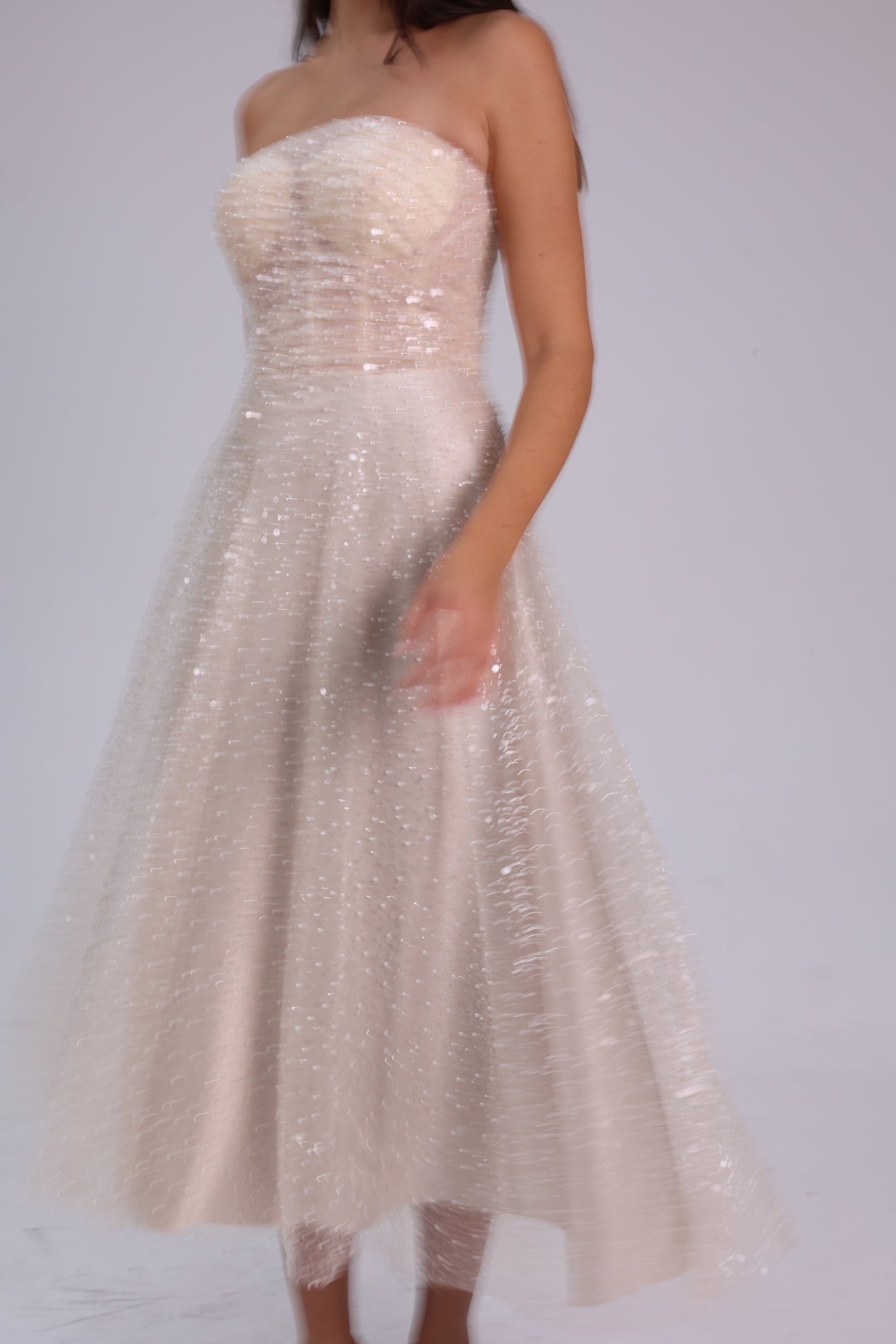Nude Glitter - Nude Rengi Midi Boy Taşlı Elbise