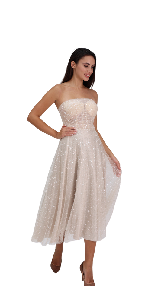 Nude Glitter - Nude Rengi Midi Boy Taşlı Elbise