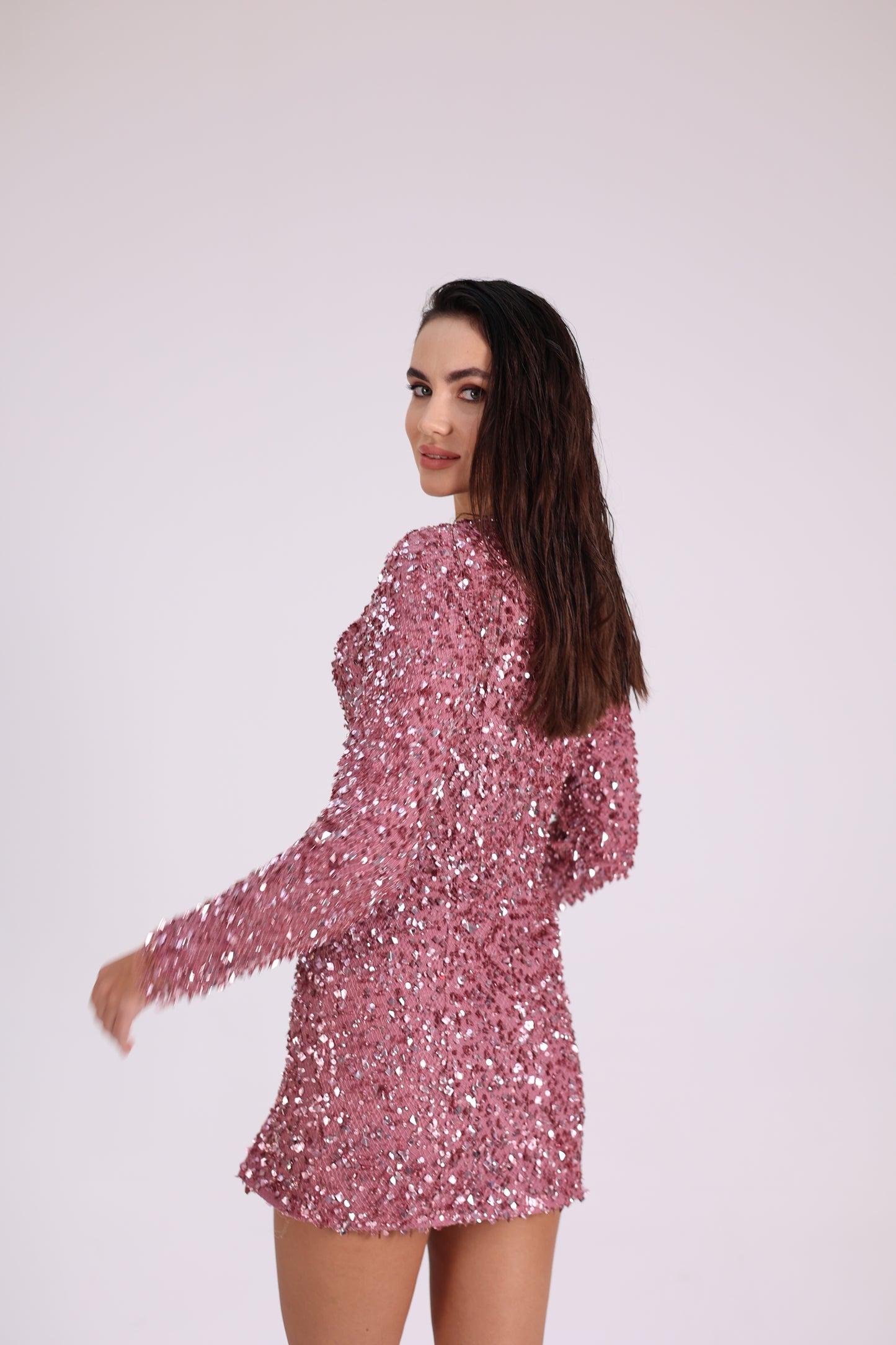 Luminous Pink - Pembe Pullu Payetli Elbise