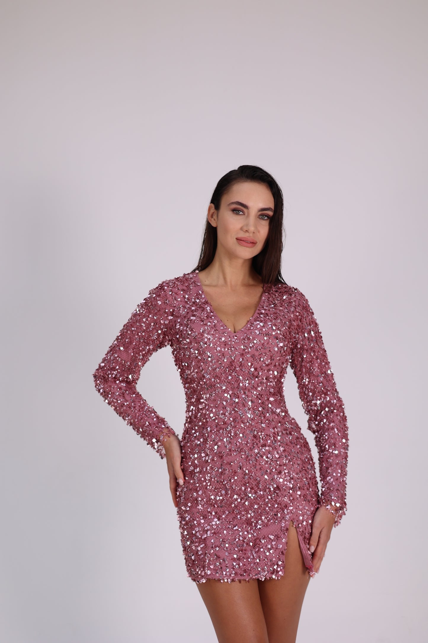 Luminous Pink - Pembe Pullu Payetli Elbise