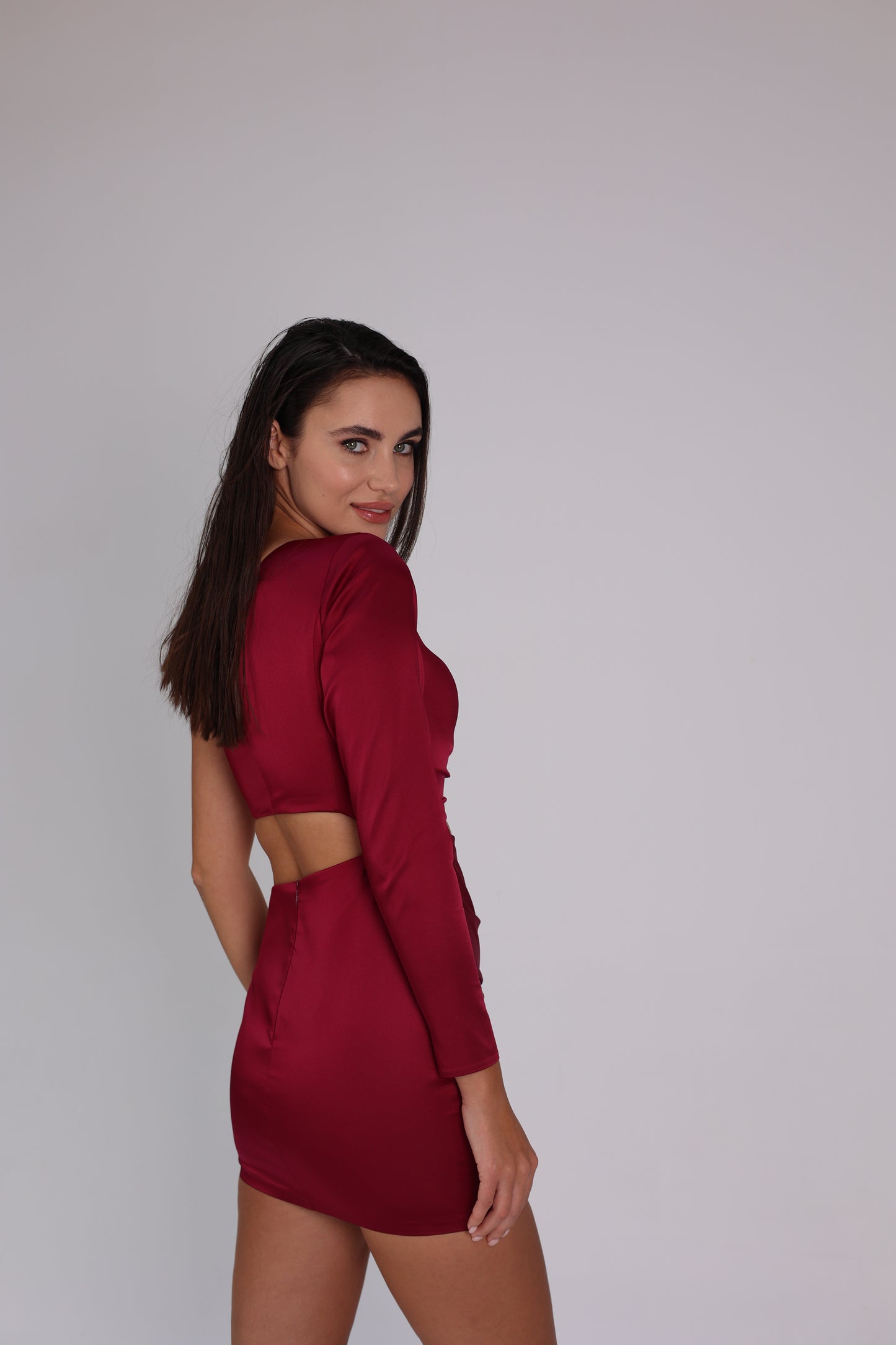 Velvet Cherry - Vişne Rengi Drapeli Gece Elbisesi