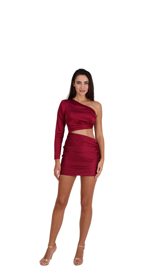 Velvet Cherry - Vişne Rengi Drapeli Gece Elbisesi